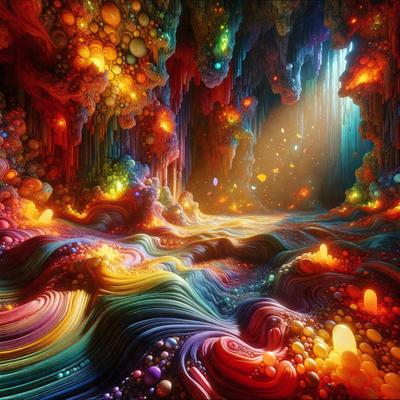 The primary subject of the image is a vibrant and colorful cave, featuring a variety of bright colors and patterns. The setting is a cave with a colorful and intricate design, creating a visually striking environment. The visual style of the image is digital art, as it appears to be a computer-generated or digitally created scene. The dominant colors and overall atmosphere of the image are lively, energetic, and full of color, making it an eye-catching and engaging piece of art.